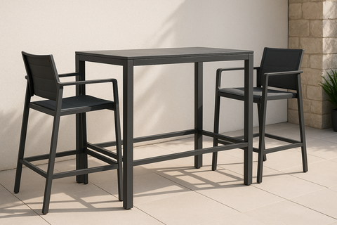 modern luxury outdoor dark grey aluminum bar table with two armchair stools